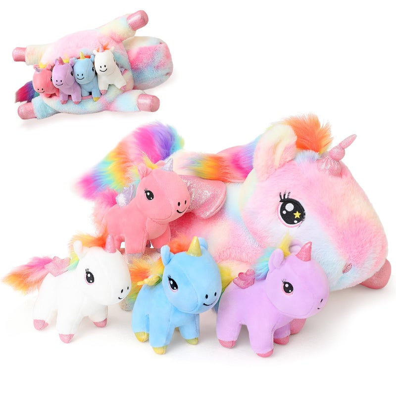 SQEQE Unicorn Mommy Stuffed Animal with 4 Baby Unicorns Super Soft Cartoon Hugging Toy Gifts for Girls Boys Birthday - Image 3
