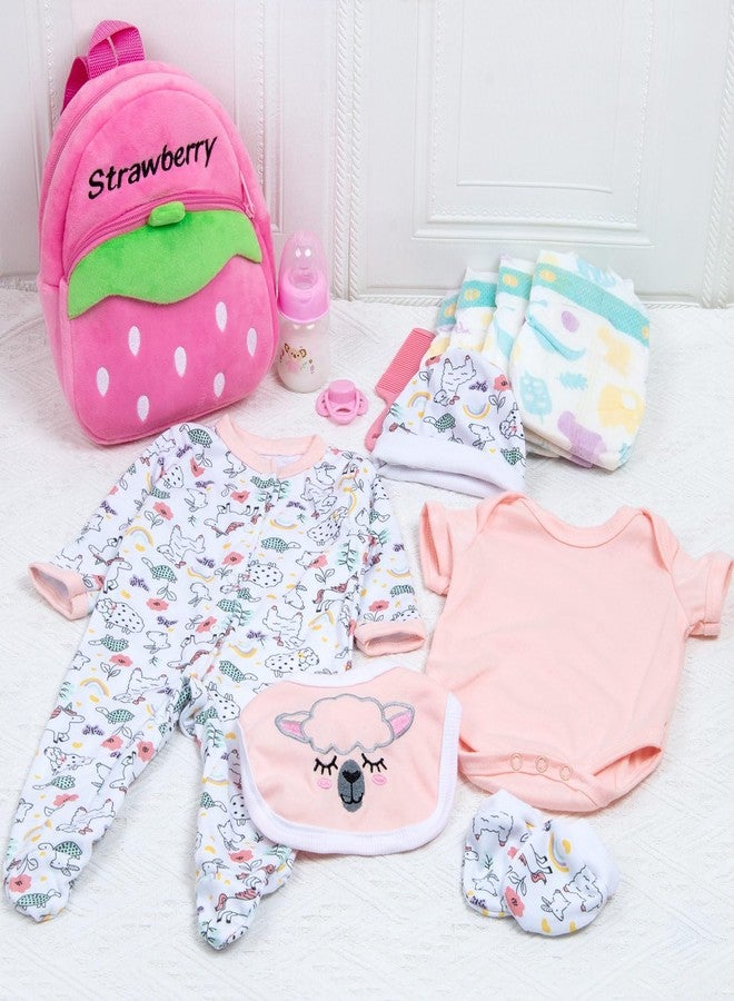 Pedolltree 13 Pcs Set Reborn Baby Dolls Clothes Girl Outfit Accessories Pink Sheep Print for 17-22 Inch Reborn Dolls Newborn Girl with Pink Strawberry Backpack Diaper - Image 3