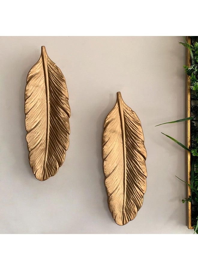 Art Street Golden Feather Design Tray MDF Wall Plate for Living Room, Decorative Wall Hanging Carved Decal for Home Décor (Set of 2, 5.2x15.5 Inch) - Image 1