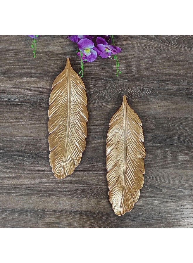 Art Street Golden Feather Design Tray MDF Wall Plate for Living Room, Decorative Wall Hanging Carved Decal for Home Décor (Set of 2, 5.2x15.5 Inch) - Image 3
