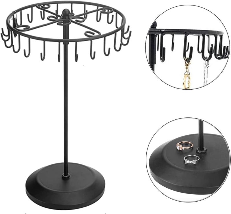 Qaeoity Rotating Necklace Holder Jewelry Organizer Display Stand 14-Inch with 23 Hooks Black, short-black, 8.27*5.9*13.8inch (HS01) - Image 5