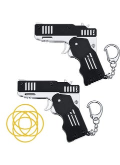 2 Packs Rubber Band Gun Toy Mini Metal Folding Rubber Gun Rubber Launcher Toy Gun With Keychain For Shooting Game Outdoor Activities (Black)
