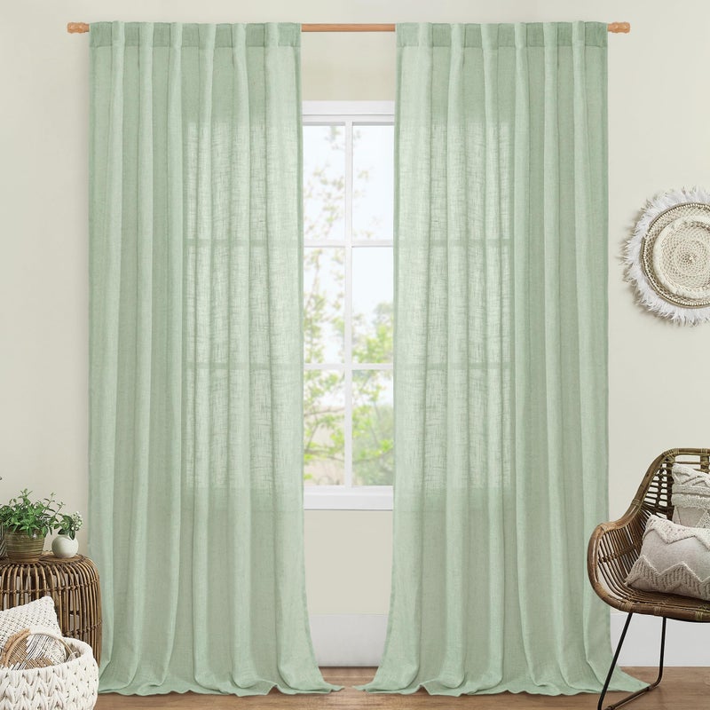 LAMIT Linen Curtains for Living Room 84 inch Length 2 Panels, Light Filtering Semi Sheer Panels Back Tab and Rod Pocket Farmhouse Drapes for Bedroom/Sliding Glass Door, Fresh Green, 52 x 84 Inch - Image 1