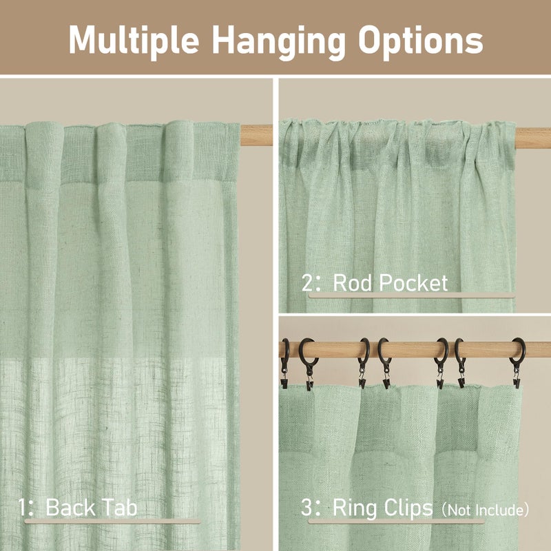 LAMIT Linen Curtains for Living Room 84 inch Length 2 Panels, Light Filtering Semi Sheer Panels Back Tab and Rod Pocket Farmhouse Drapes for Bedroom/Sliding Glass Door, Fresh Green, 52 x 84 Inch - Image 2