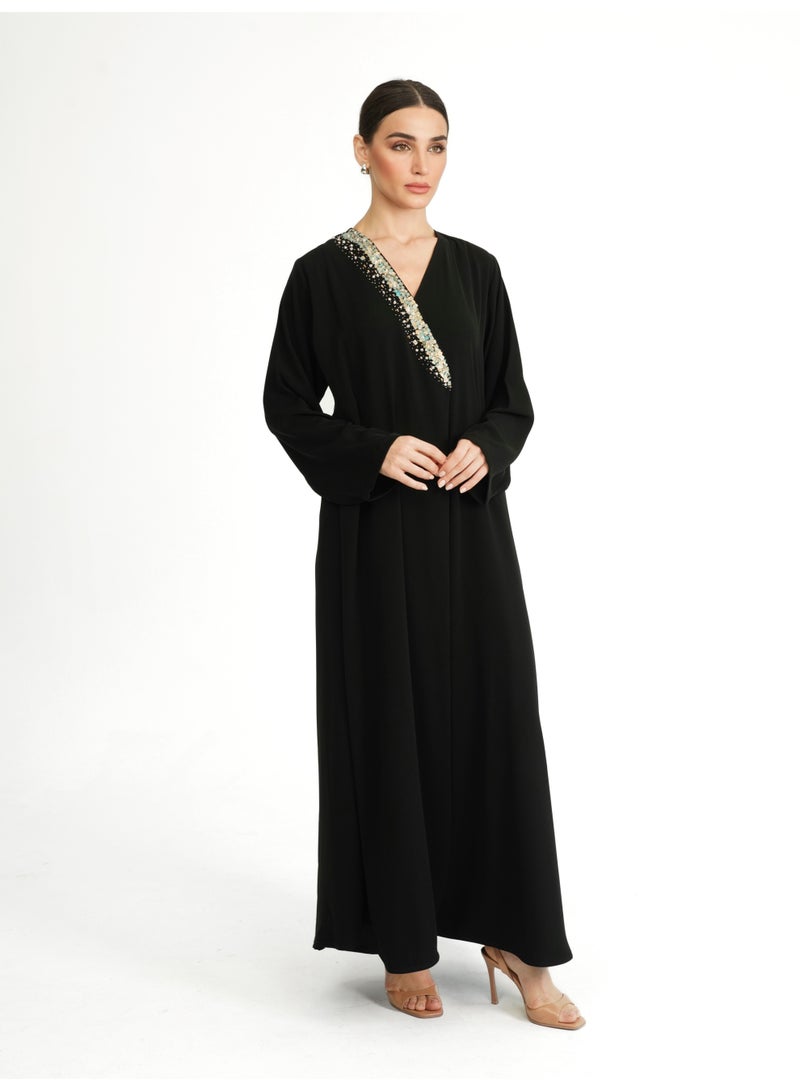 Khan&Co. One Side Tiffany Abaya in black crepe fabric embroidered with Tiffany-coloured Sequin - Designed by Abdullah Khan - Image 5