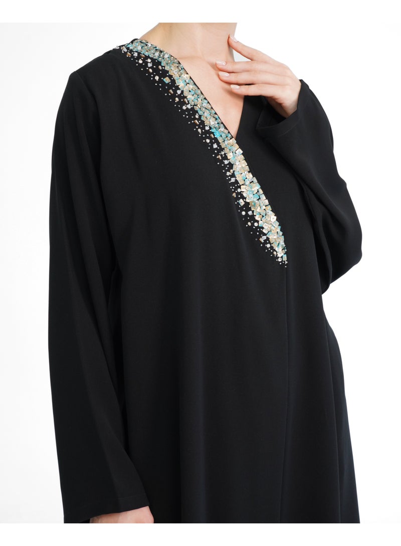 Khan&Co. One Side Tiffany Abaya in black crepe fabric embroidered with Tiffany-coloured Sequin - Designed by Abdullah Khan - Image 4
