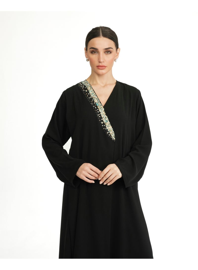 Khan&Co. One Side Tiffany Abaya in black crepe fabric embroidered with Tiffany-coloured Sequin - Designed by Abdullah Khan - Image 1
