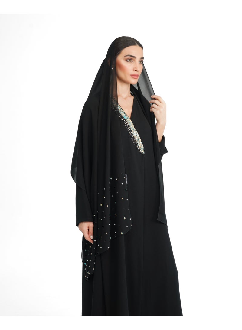 Khan&Co. One Side Tiffany Abaya in black crepe fabric embroidered with Tiffany-coloured Sequin - Designed by Abdullah Khan - Image 2