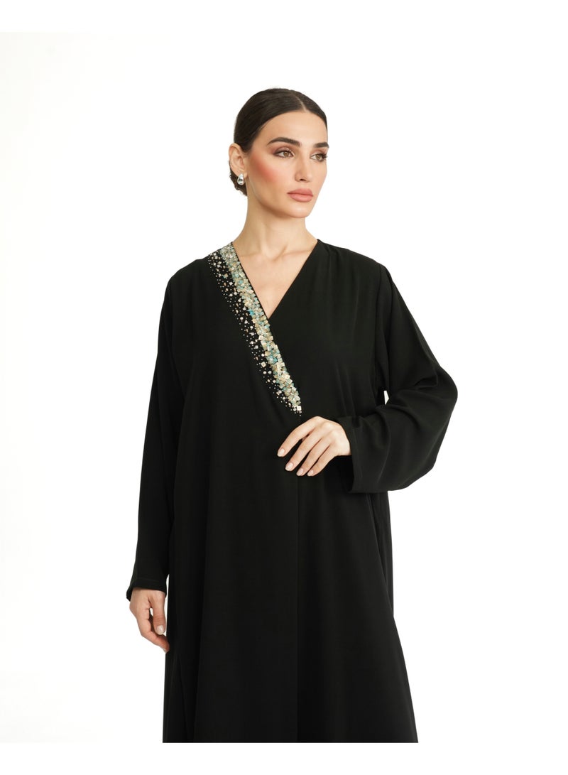 Khan&Co. One Side Tiffany Abaya in black crepe fabric embroidered with Tiffany-coloured Sequin - Designed by Abdullah Khan - Image 3