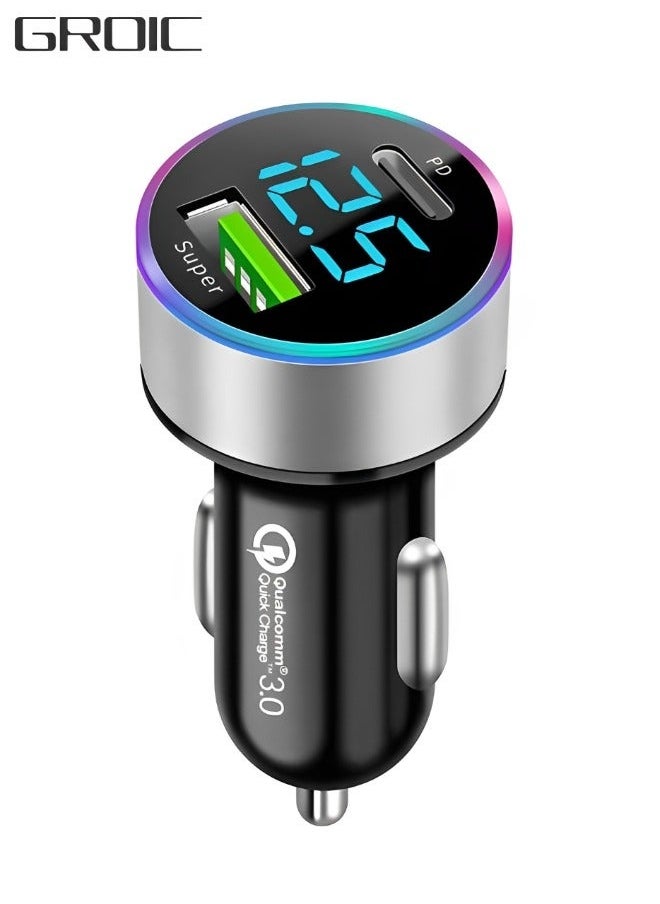 GROIC USB C Car Charger, PD 20W & Fast 66W QC3.0 Port Charger Adapter, Dual Super Charging with LED Display, Compatible iPhone, Samsung, iPad  - Image 1