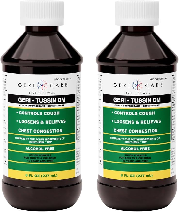 GeriCare GeriTussin DM Liquid Cold Cough Syrup 2in1 Maximum Strength Cough Suppressant Dextromethorphan  Expectorant Guaifenesin NonDrowsy Cough Relief Syrup  Chest Decongestant 8 Fl Oz 2 Pack - Image 1