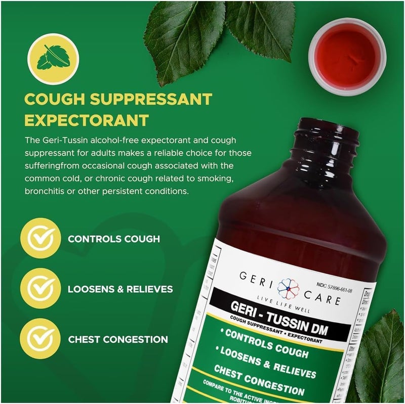 GeriCare GeriTussin DM Liquid Cold Cough Syrup 2in1 Maximum Strength Cough Suppressant Dextromethorphan  Expectorant Guaifenesin NonDrowsy Cough Relief Syrup  Chest Decongestant 8 Fl Oz 2 Pack - Image 4