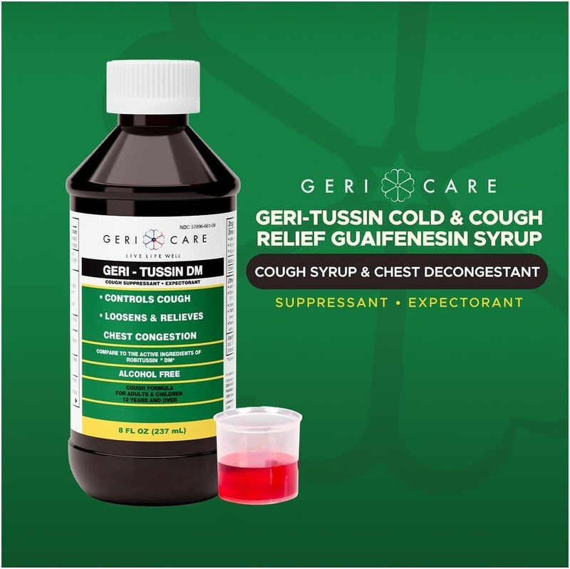 GeriCare GeriTussin DM Liquid Cold Cough Syrup 2in1 Maximum Strength Cough Suppressant Dextromethorphan  Expectorant Guaifenesin NonDrowsy Cough Relief Syrup  Chest Decongestant 8 Fl Oz 2 Pack - Image 2