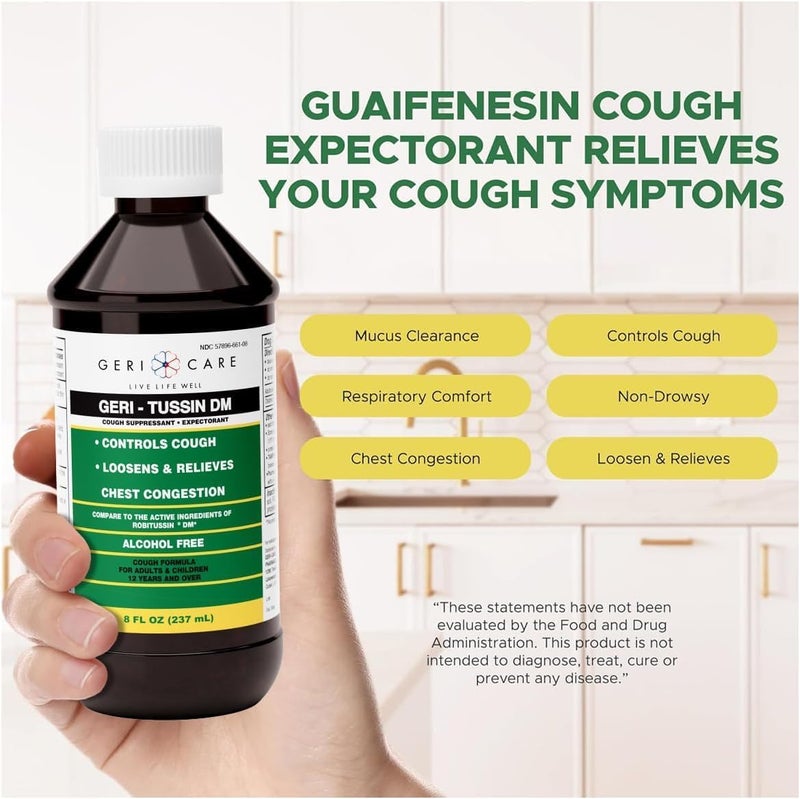 GeriCare GeriTussin DM Liquid Cold Cough Syrup 2in1 Maximum Strength Cough Suppressant Dextromethorphan  Expectorant Guaifenesin NonDrowsy Cough Relief Syrup  Chest Decongestant 8 Fl Oz 2 Pack - Image 3