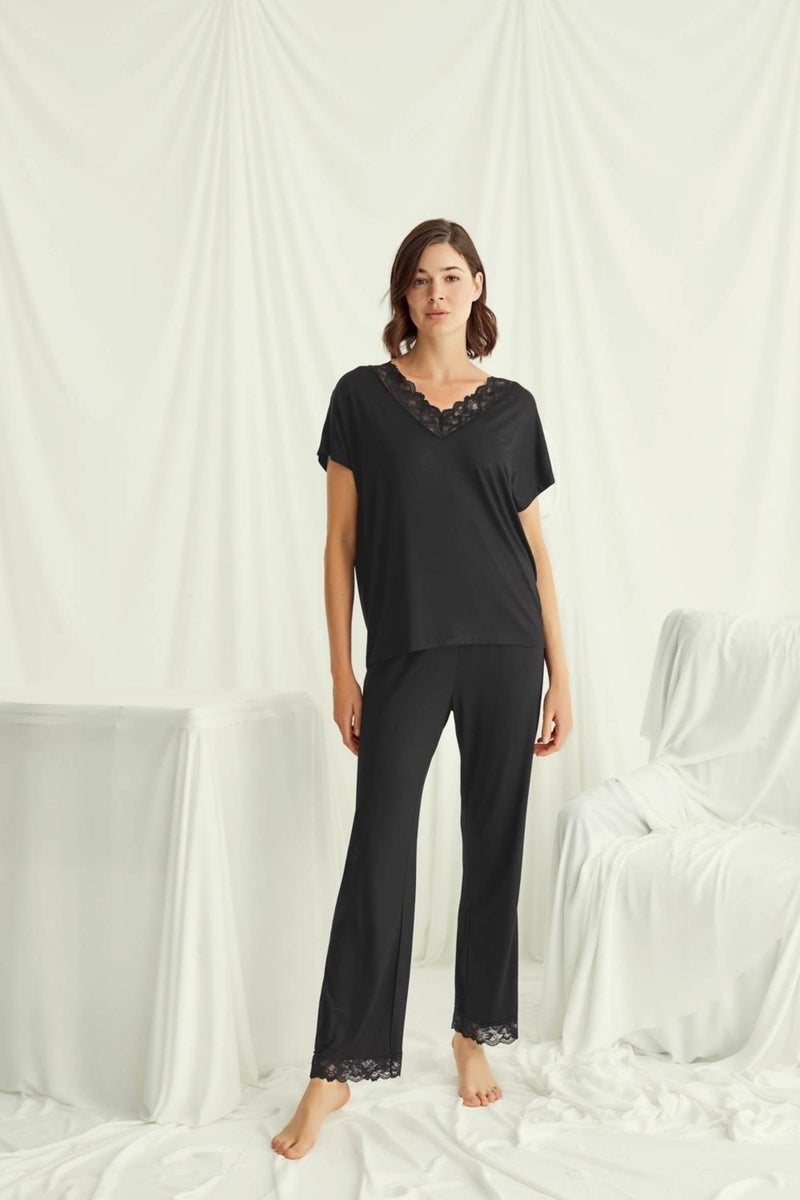 Monamise Women's Short Sleeve V Neck Lace Pajama Set