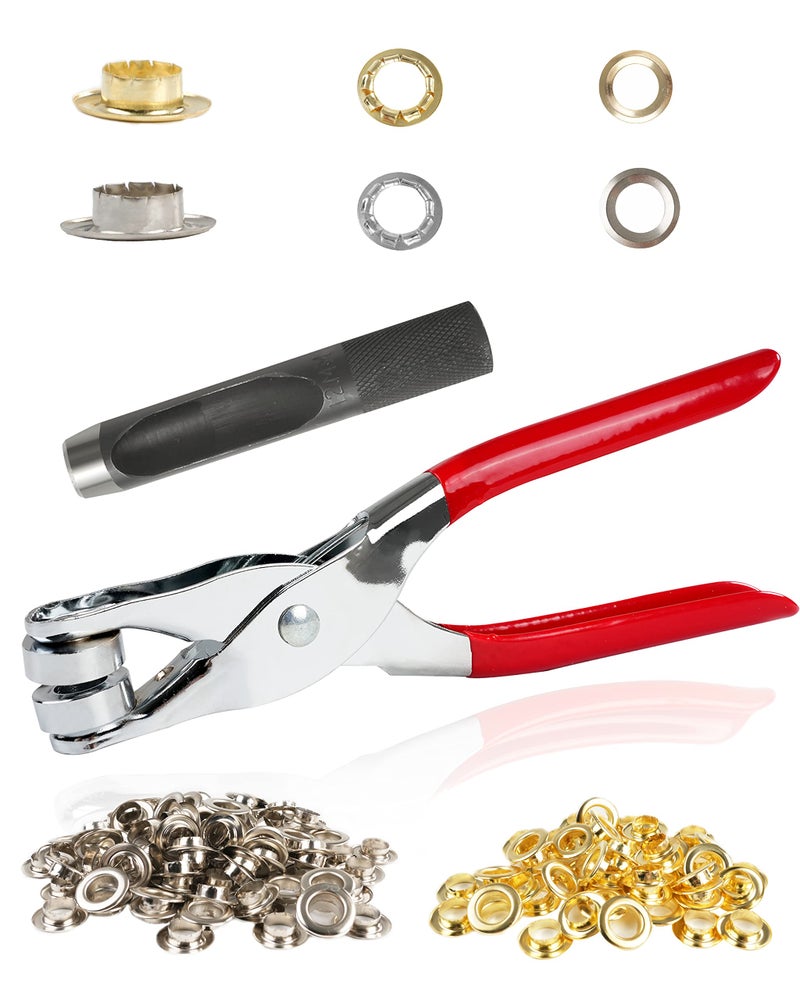 MoHern 150Pcs 1/2 Inch Grommet Tool Kit, Grommet Kit, Eyelet Kit with Leather Hole Punch Pliers, 150 Metal Eyelets and Grommets in Gold and Silver for Leather, Shoes, Fabric, Belt - Image 1