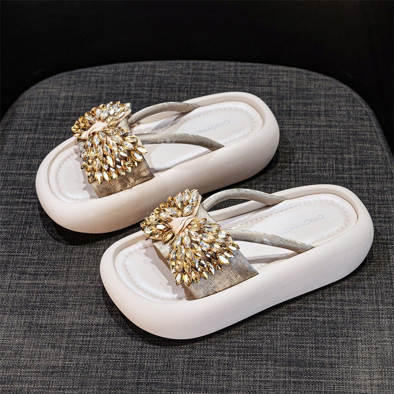 عصرية سميكة مبيعات التنفس في الهواء الطلق Sandals للنساء 2026 جديد العادي ارتفاع زيادة Bowknot رفيعة النطاق Rhinestone Sandals - Image 1