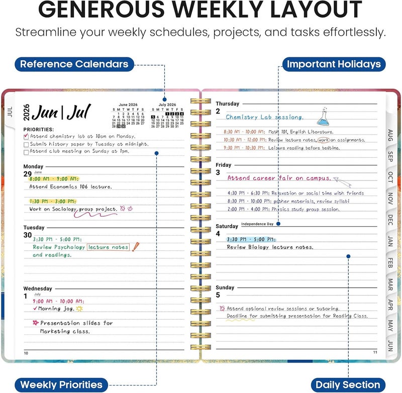 Taja Planner 2026–2027 Academic Book, Weekly and Monthly Layout, July 2026 to June 2027, Hardcover Agenda with Tabs, School and Office Supplies, A4 Size 8.5" x 11" - Color Splash - Image 3