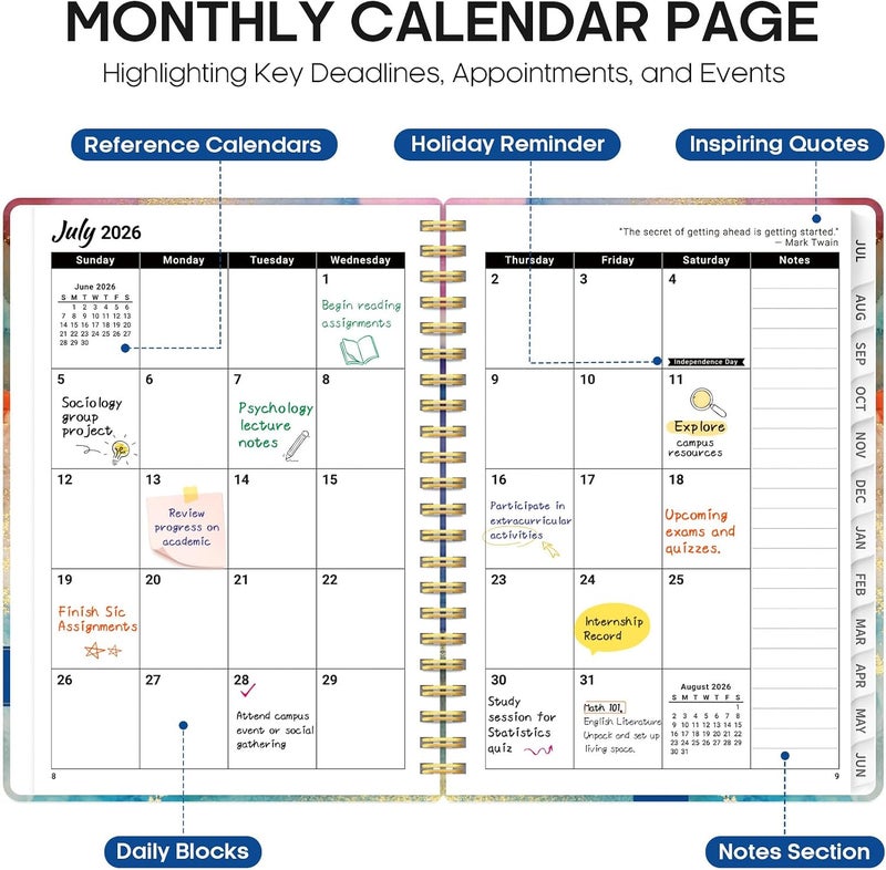 Taja Planner 2026–2027 Academic Book, Weekly and Monthly Layout, July 2026 to June 2027, Hardcover Agenda with Tabs, School and Office Supplies, A4 Size 8.5" x 11" - Color Splash - Image 2