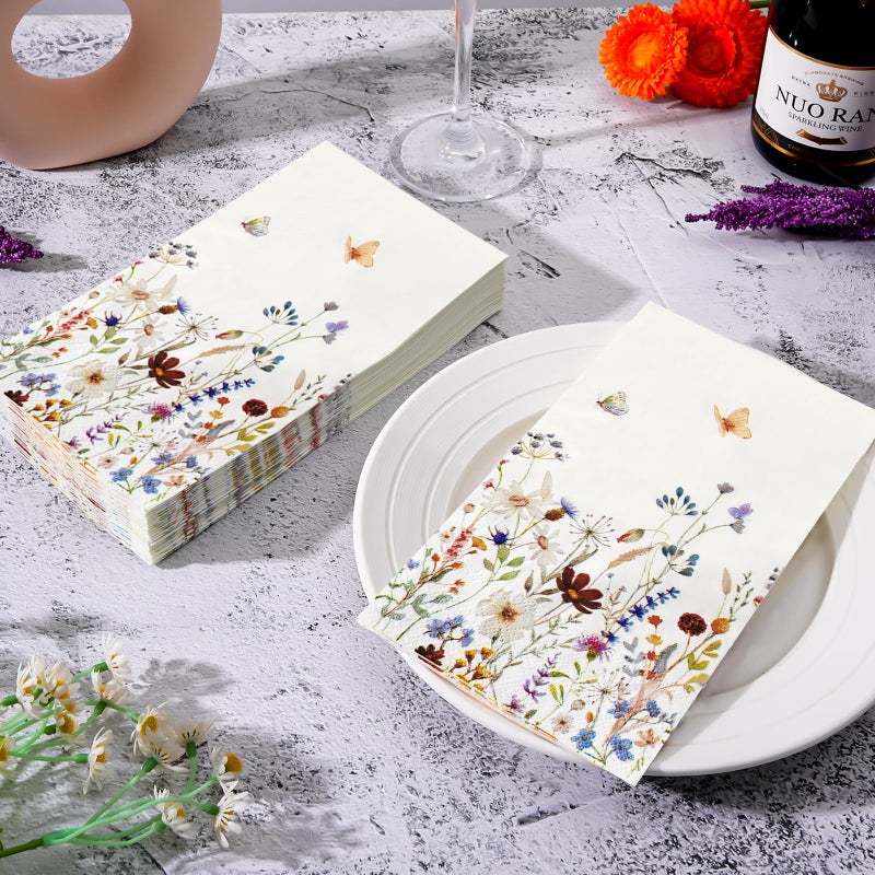 Hunanyume 100 Spring Floral Paper Napkins Decorative  3 Ply Watercolor Wild Flower Dinner Napkins Guest Napkins  Disposable Hand Towels for Bathroom Holiday Wedding Baby Shower Birthday Party  - Image 3