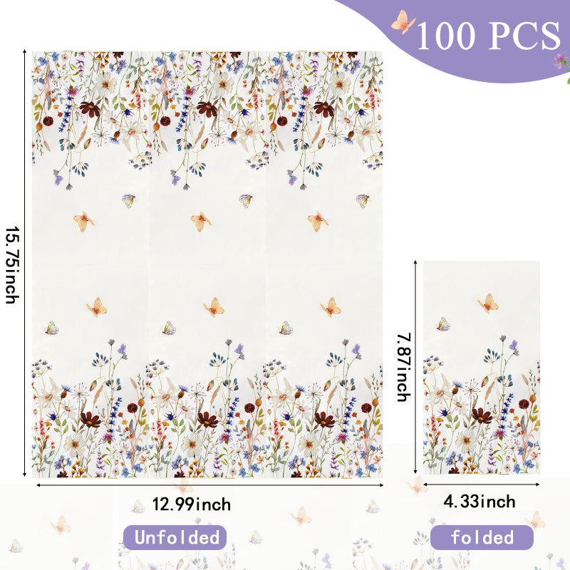 Hunanyume 100 Spring Floral Paper Napkins Decorative  3 Ply Watercolor Wild Flower Dinner Napkins Guest Napkins  Disposable Hand Towels for Bathroom Holiday Wedding Baby Shower Birthday Party  - Image 2