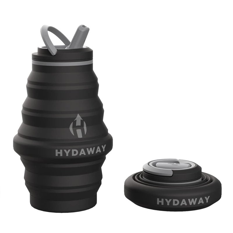 HYDAWAY Collapsible Water Bottle - 17oz  Midnight I Reusable Water Bottle with Flip Top Lid for Travel  Hiking  Backpacking I Portable & Leakproof  Food-Grade Silicone  BPA Free  Collapse to 1.5