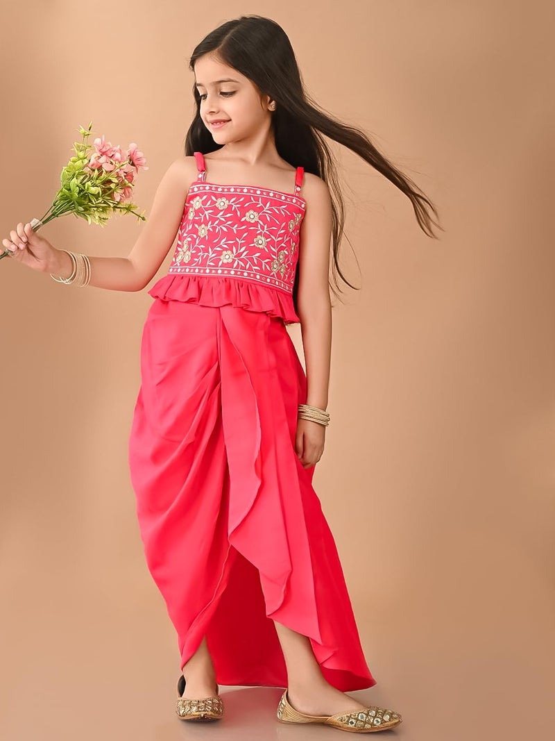 LILPICKS Embroidered Sleeveless Top with Stylish Dhoti Set for Girls (Pink) (8-9Y) - Image 3