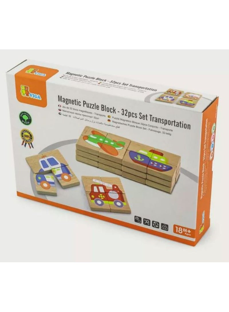 Viga 32-Piece Wooden Magnetic Puzzle Block - Set Transportation - Image 1