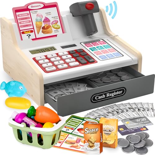 maysida Rechargeable Wooden Kids Cash Register with Scanner Pretend Play Cash Register Toy with Fake Money Food Credit Card Toddler Boys Girls Age 24 48 - Image 1