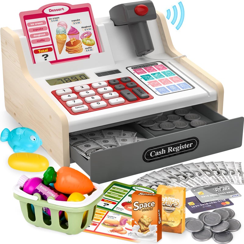 maysida Rechargeable Wooden Kids Cash Register with Scanner Pretend Play Cash Register Toy with Fake Money Food Credit Card Toddler Boys Girls Age 24 48 - Image 2