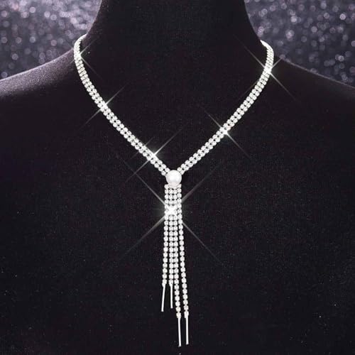 Zoestar Long Necklace Silver Rhinestone diamond Necklaces for Women Dressy - Image 2