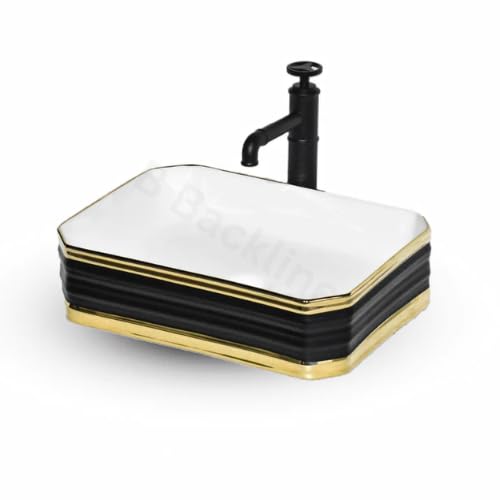 B BACKLINE ب باكلين سلسلة الفخامة حوض غسيل سيراميك على الطاولة شكل مستطيل حوض غسيل فوق الطاولة للحمامات وغرفة المعيشة 181 × 134 × 5 بوصة لون أسود مطفي أبيض ذهبي - Image 1