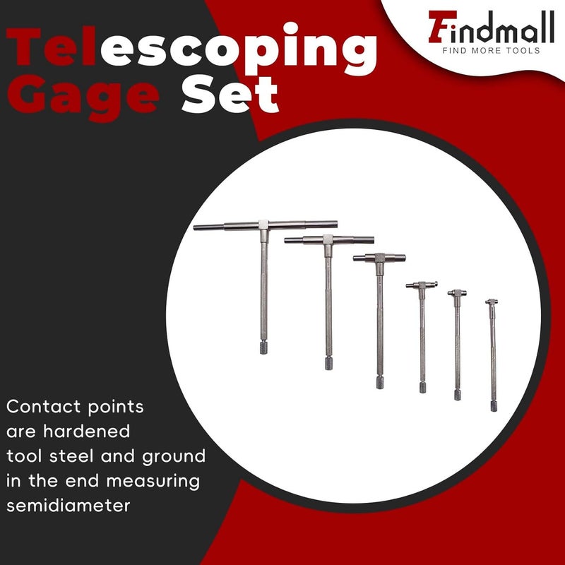 findmall 6Pcs Telescoping Gage Set 5/16" - 6" Range T-Bore Hole Gauges W/Pouch 8mm-150mm Adjustable Telescopic T Bore Hole Gauges - Image 2