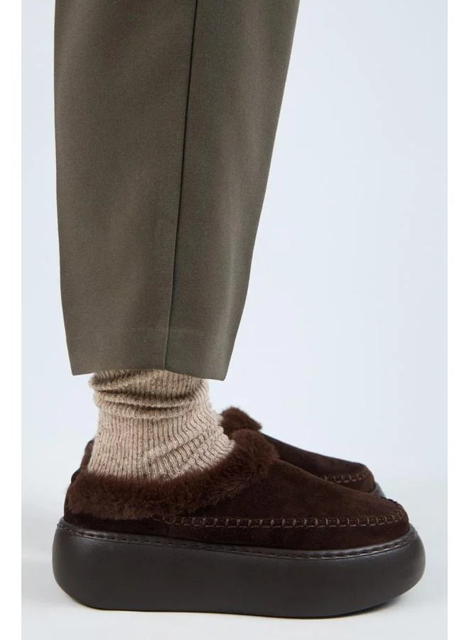 (Bazin Fur) Women's Genuine Leather Suede Fur Platform Coffee Slippers.