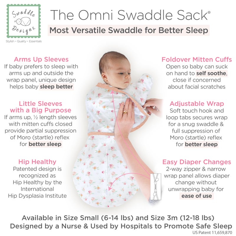 SwaddleDesigns 6-Way Omni Swaddle Sack Arms Up Swaddle for Newborn, More Options to Calm Moro Reflex, Improves Sleep, Transition Baby Sleep Sack, Small, 0-3 Mo, 6-12 lbs, Watercolor Peachy Pink Floral - Image 2