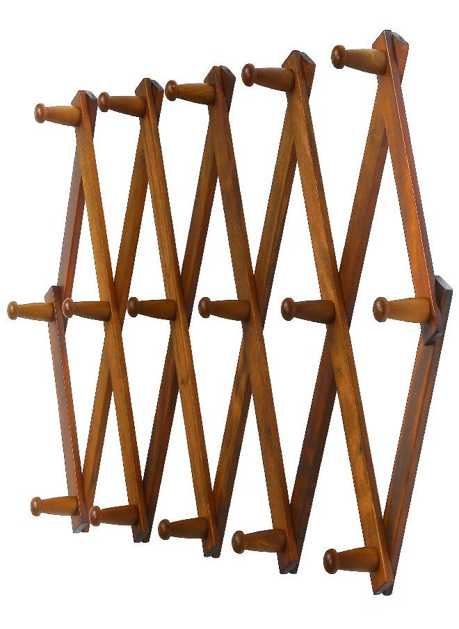 Dseap - Dseap Accordian Wall Hanger: 16” High Wooden Wall Expandable Coat Rack, Hat Rack Holder, Accordion Hook for Baseball Caps, Coats, Mugs, 16 Peg Hooks, Brown - Image 1