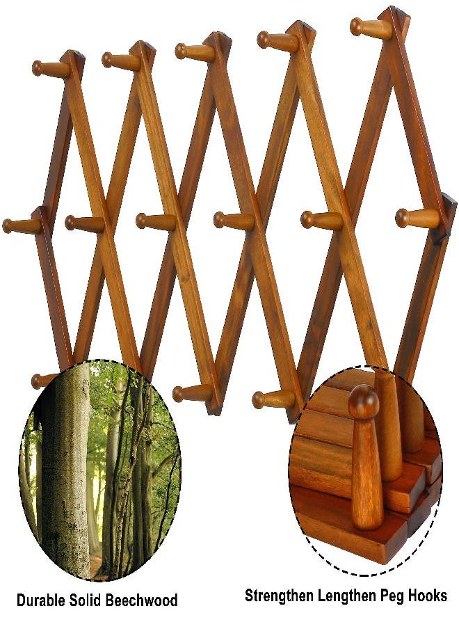Dseap - Dseap Accordian Wall Hanger: 16” High Wooden Wall Expandable Coat Rack, Hat Rack Holder, Accordion Hook for Baseball Caps, Coats, Mugs, 16 Peg Hooks, Brown - Image 1