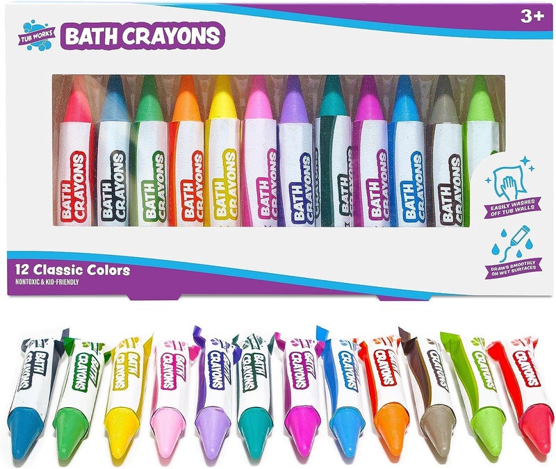 Tub Works Tub Works® Smooth™ Bath Crayons Bath Toy, 12 Pack | Nontoxic, Washable Bath Crayons for Toddlers & Kids | Unique Formula Draws Smoothly & Vividly on Wet & Dry Tub Walls | Hexagon Grip Bathtub Crayons  - Image 1