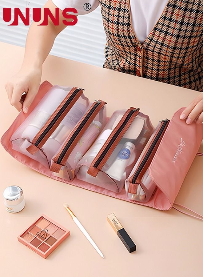 UNUNS Portable Hanging Cosmetic Bag,4 in 1 Detachable Mesh Makeup Bag,Travel Folding Storage Wash Bag,Pink - Image 2