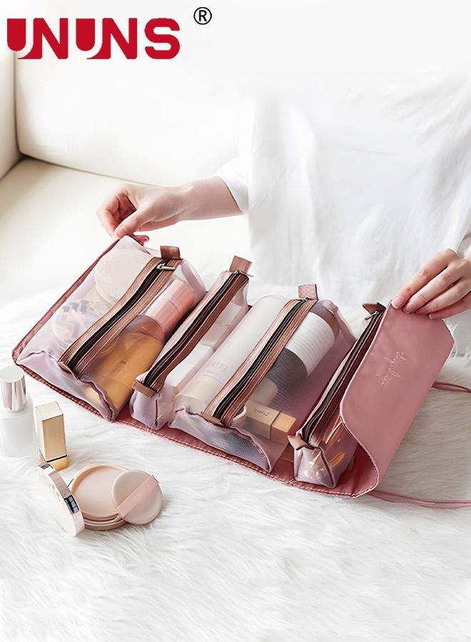 UNUNS Portable Hanging Cosmetic Bag,4 in 1 Detachable Mesh Makeup Bag,Travel Folding Storage Wash Bag,Pink - Image 1