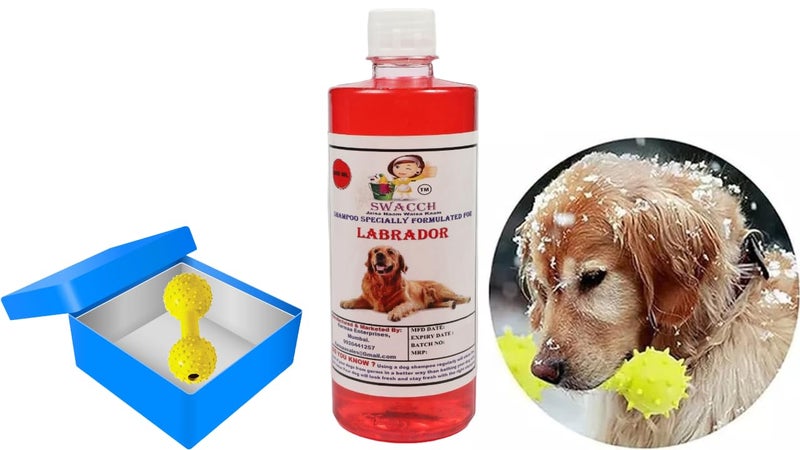 swacch Labrador Dog Shampoo + Dumbbell Toy I Durable Rubber Dog Toy for Chewing I Playing,Teeth Cleaning & Training Toy I Combo Pack I 500ml Jasmine - Image 1