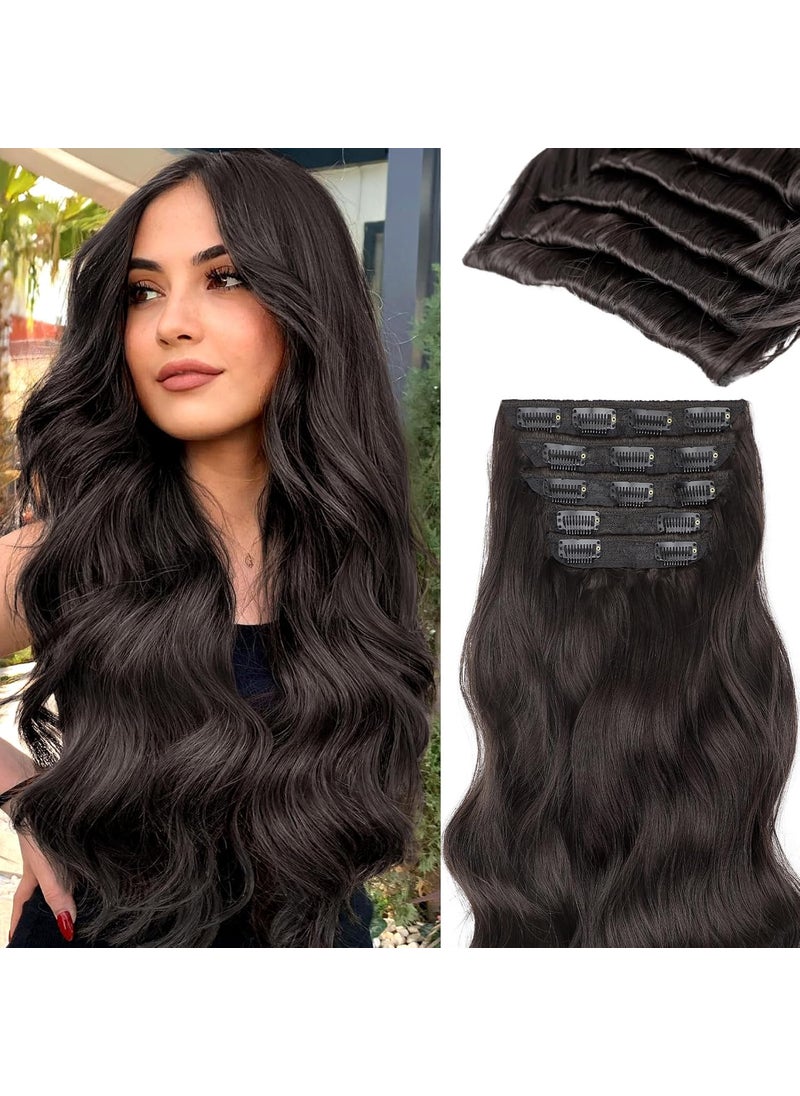 KooKaStyle KooKaStyle Hair Extensions 5PCS Long Wavy Upgrate Invisible Full Coverage Edges Seamless Clip in Extensions for Women 20 Inch Dark Brown Synthetic Natural Hairpieces 