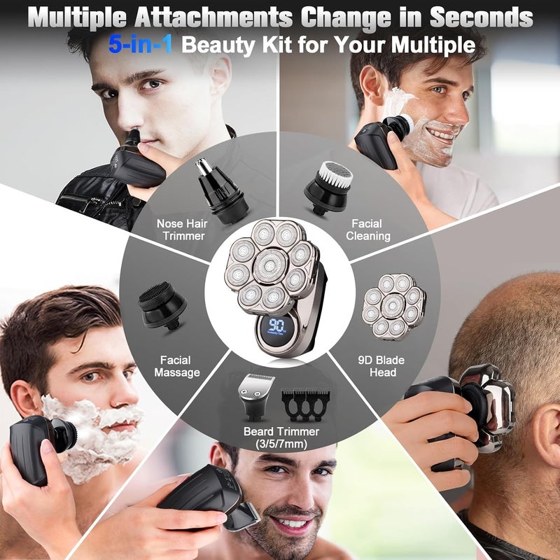 KASTWAVE 9D Electric Head Shaver for Bald Men, Upgraded 5-in-1 Head Shaver for Bald Men, Waterproof Wet/Dry Grooming Kit Electric Shaver for Men, Cordless Rechargeable Bald Head Razor for Home&Travel - Image 5