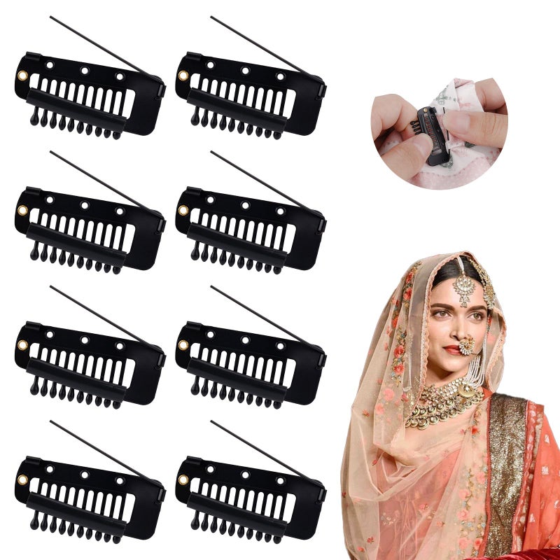 PEUTIER PEUTIER 8pcs Hair Clip with Safety Pin Clip in Hair Extensions Comb Teeth to Secure Wig no Sew Snap Hair Clips for Woman Girls Wig Headscarf Hijab  Tikka Black Stainless Steel 8 Count 