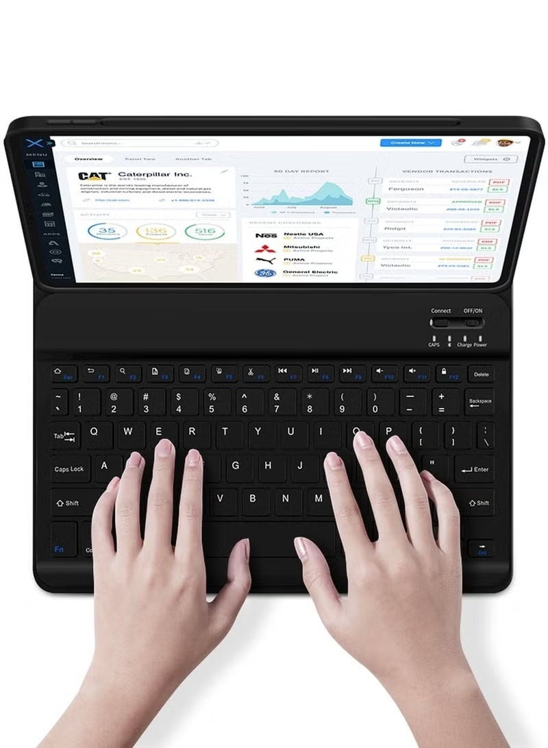 حافظة جلدية فاخرة مع لوحة مفاتيح لاسلكية قابلة للفصل لجهاز iPad Mini 6/8.3″ (2021) - لوحة مفاتيح إنجليزية/عربية، فتحة قلم رصاص، حماية 360 درجة، إغلاق قابل للطي - أسود - Image 2