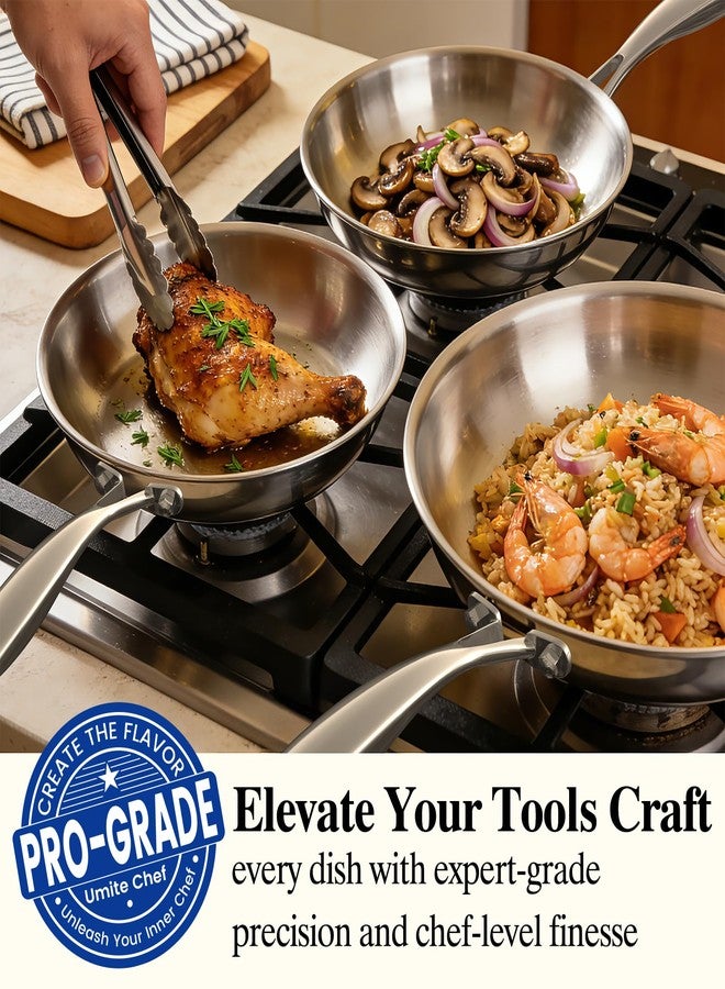 Umite Chef Stainless Steel Frying Pan Set with Lid, Umite Chef 3Pcs Skillet Set (Includes 8",10",12") - 5 Ply Stainless Clad - Heavy Duty & Professional Cookware Set, Fast & Even Heat, Dishwasher and Oven Safe - Image 5