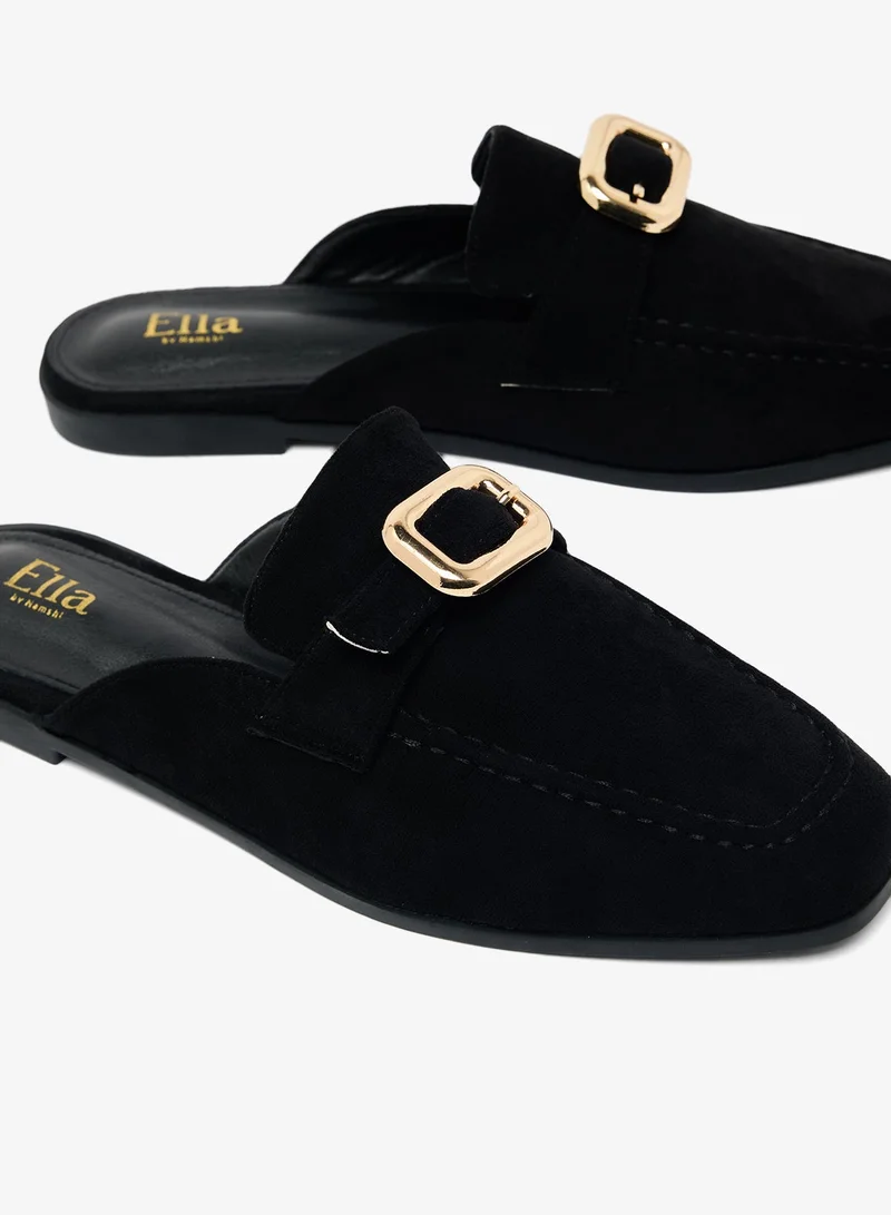 Ella Black Classic Suede Mules With Gold Hardware for Women | Best Price UAE