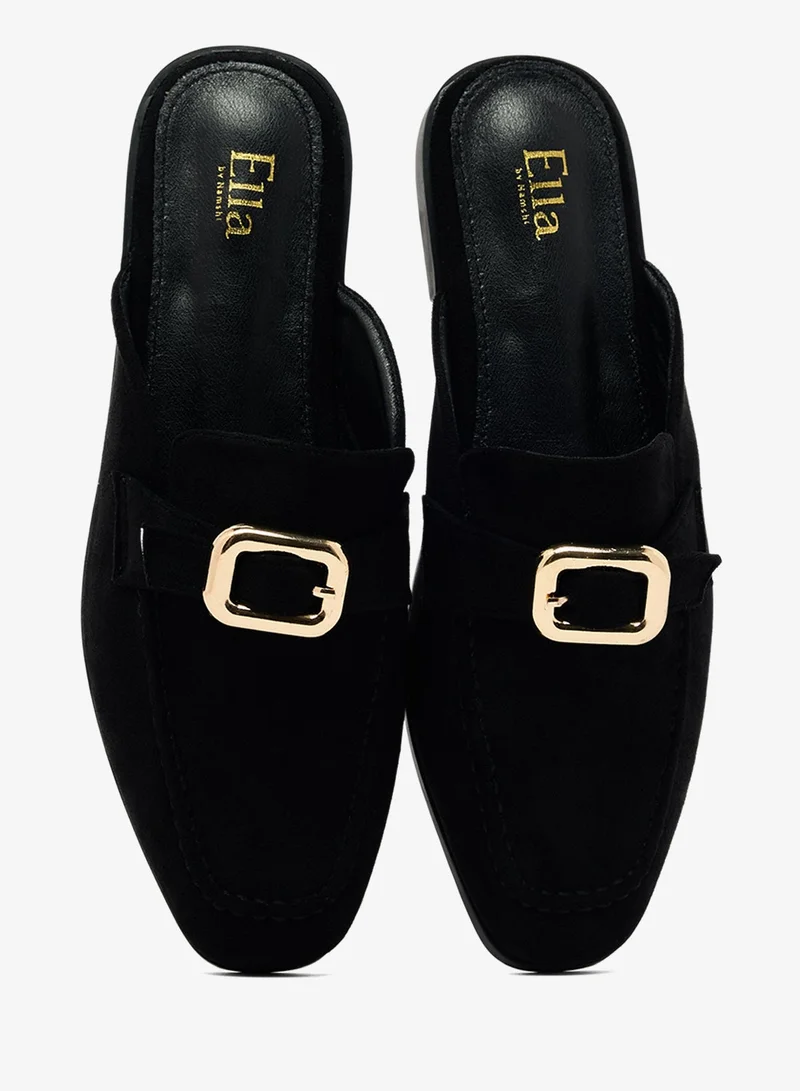 Ella Black Classic Suede Mules With Gold Hardware for Women | Best Price UAE