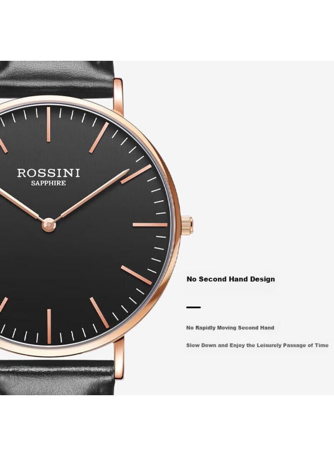 Rossini Men'S Quartz Watch, Black Dial With Leather Strap, Student Birthday Gift For Boyfriend, Chinese Brand, Simple Design, Ultra-Thin, Water-Resistant, 517769 - Image 3