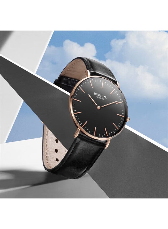 Rossini Men'S Quartz Watch, Black Dial With Leather Strap, Student Birthday Gift For Boyfriend, Chinese Brand, Simple Design, Ultra-Thin, Water-Resistant, 517769 - Image 2